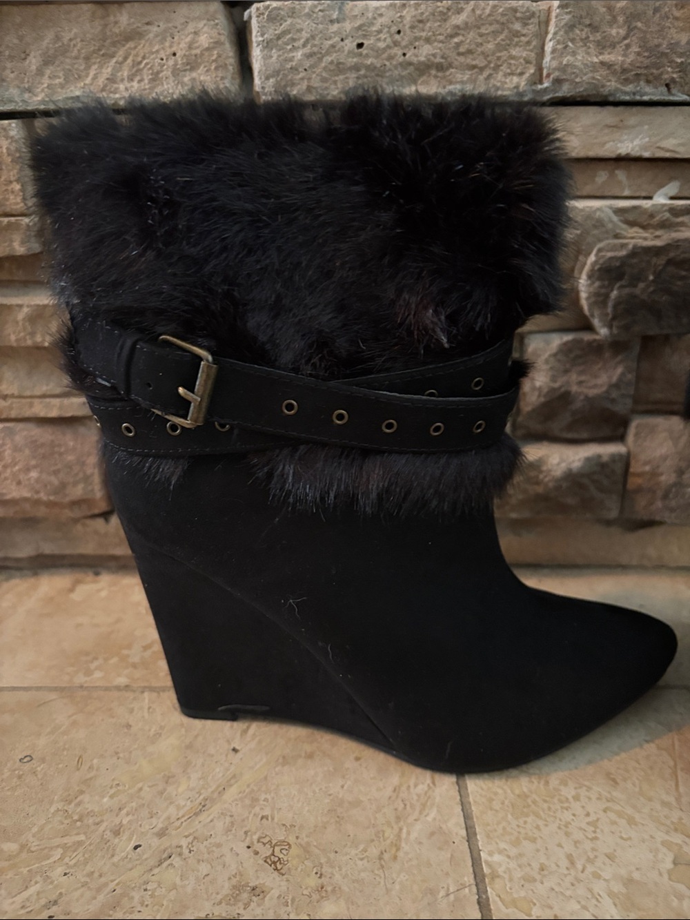 Black Faux Fur Wedge Ankle Boots - Women's - Picture 2 of 2